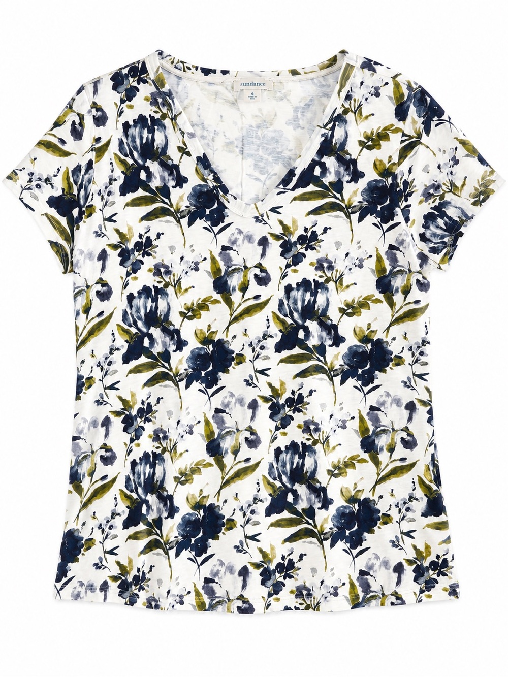 NWOT Sundance White Floral V-Neck Tee with Navy & Olive Print Cotton